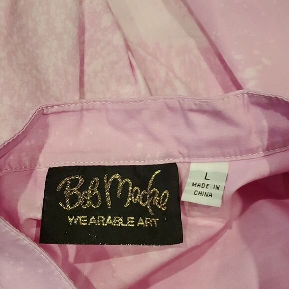 Hey Sue! Bob Mackie VINTAGE Upcycled Splatter Pink Ruffle Tux Blouse Sz L Button - Picture 9 of 11